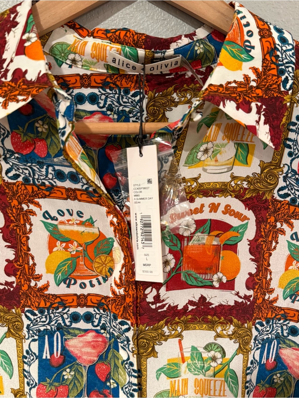 New Alice + Olivia Willa Summer Day Shirt Blouse Fruit Drinks Cocktails Tea L - Picture 5 of 10
